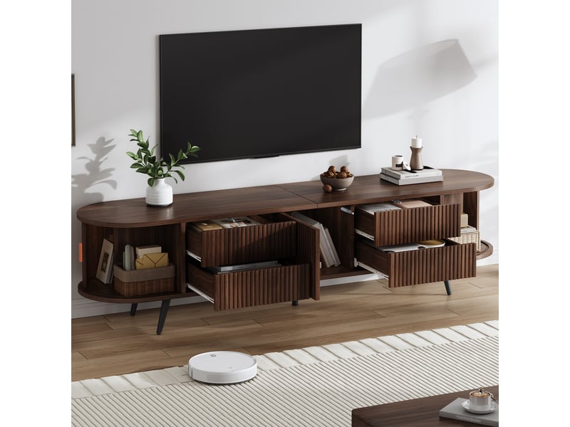 Meuble tv ovale avec 4 tiroirs et 1 porte tambour, style rétro, pour salon, en mdf, noyer foncé, 180 × 40 × 45 cm  - Conforama C