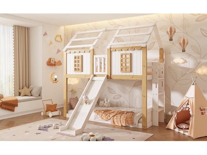 Lit superposé cabane 90x200 cm avec toboggan bois blanc et naturel evarich - Conforama D