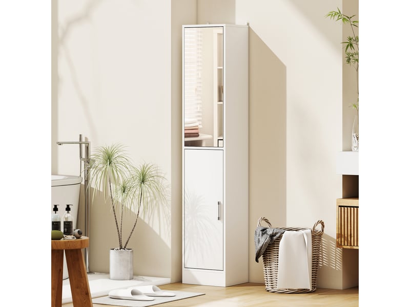  Meuble de salle de bain avec miroir, rangement à 6 niveaux avec 2 portes et étagères réglables, 32 x 28 x 162 cm, blanc  - Conforama C