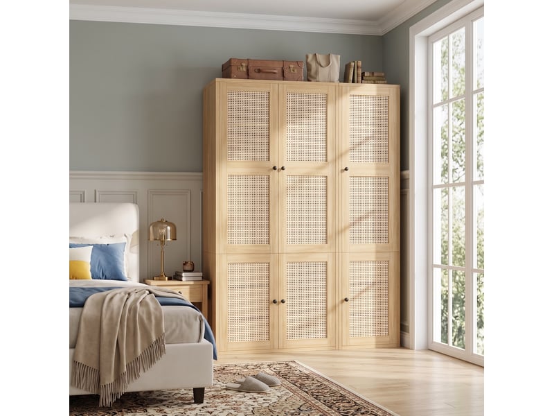  Armoire battante 135x47x200 cm avec 2 barres de penderie, 6 tiroirs, 4 compartiments, mdf, bois, dressing | chambre  - Conforama D