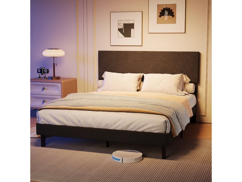 Lit 2 places 160 x 200 cm - tissu gris - tête de lit capitonnée et cadre rembourré - Conforama D
