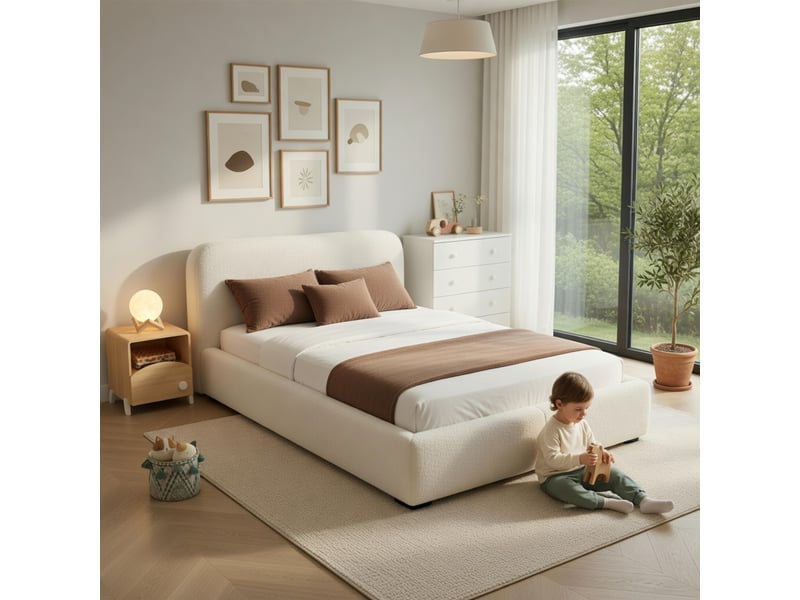  Lit d'enfant 90 x 200 cm, tête de lit rembourrée en pu, cadre en bois massif,beige  - Conforama D