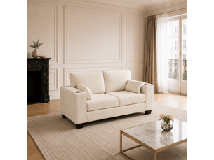 Canapé droit 2 places avec porte gobelets, poches latérales et assise profonde en tissu chenille beige