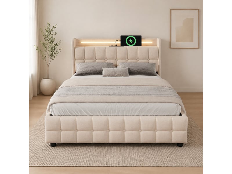  Lit avec 4 tiroirs 200×160 cm, tête de lit avec prises et usb, éclairage led, sans matelas, beige  - Conforama B