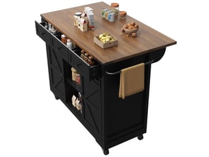 Îlot de cuisine noir avec plateau extensible, chariot sur roulettes avec 2 portes coulissantes et 3 tiroirs, meuble de rangement, 140cm.