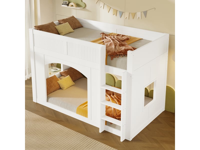  Lit mezzanine enfant 90x200cm style cabane avec bibliothèque, led multicolore, fenêtres et espace de jeu, mdf et pin - blanc  - Conforama D