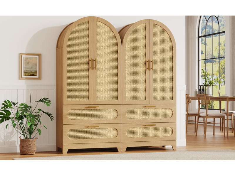 Buffet et enfilade avec 4 portes et 4 tiroirs, façades effet rotin, pour salle à manger, en mdf et métal, naturel  - Conforama B