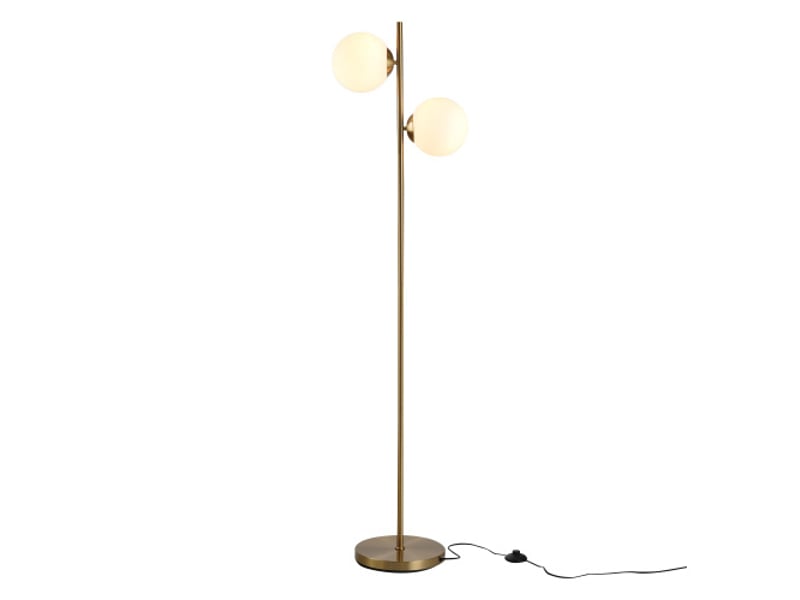 Lampadaire 2 lumières moderne, acier et verre doréblanc, h165 cm, abat-jour en verre, pour salon - Conforama A