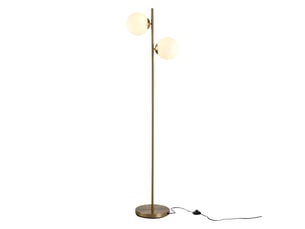 Lampadaire 2 lumières moderne, acier et verre doréblanc, h165 cm, abat-jour en verre, pour salon
