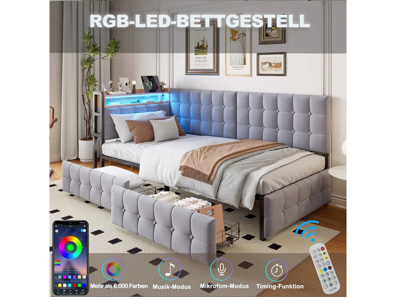 Canapé-lit 90x200 cm avec 2 tiroirs, led et ports usb-c, velours gris, sans matelas - Conforama E