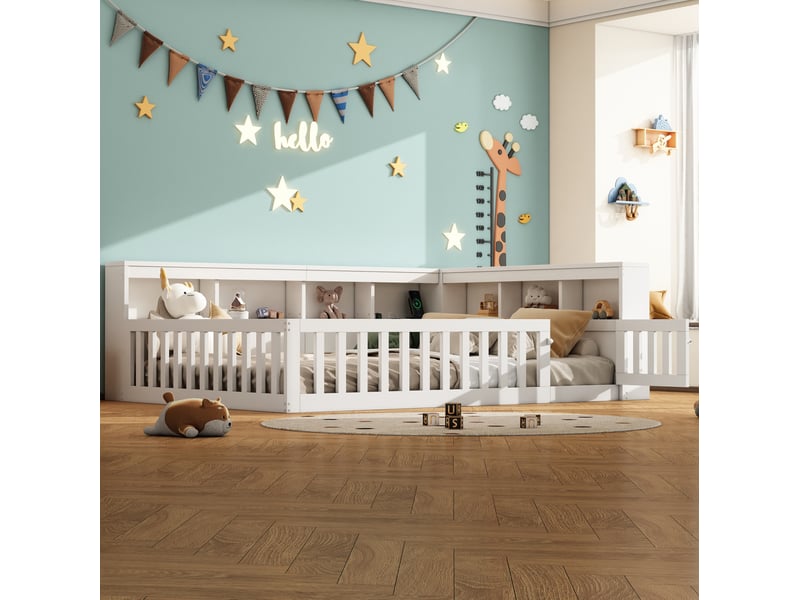 Lit enfant 140x200cm, sommier, garde-corps, tête de lit, port usb, rangement inclus, aggloméré, blanc, sans matelas - Conforama E