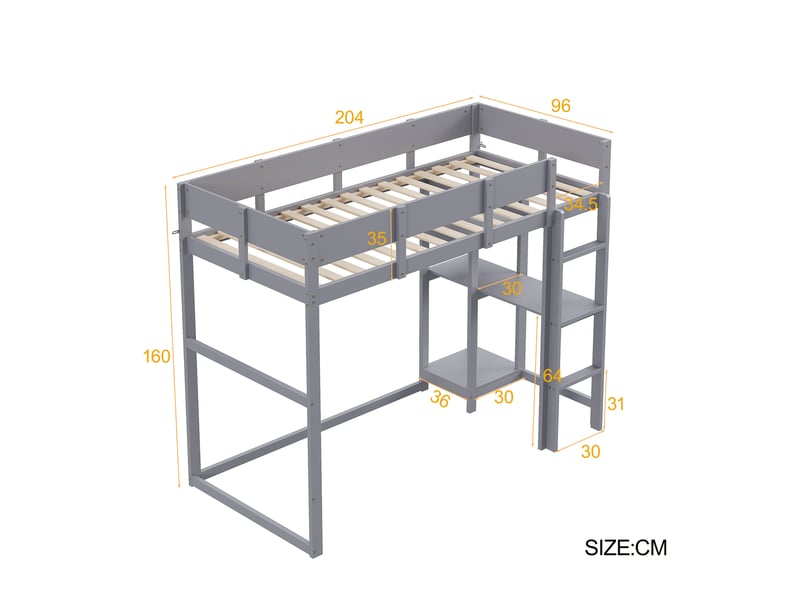  Lit mezzanine enfant 90×200 cm avec étagère, barrière et sommier à lattes, en pin gris  - Conforama E