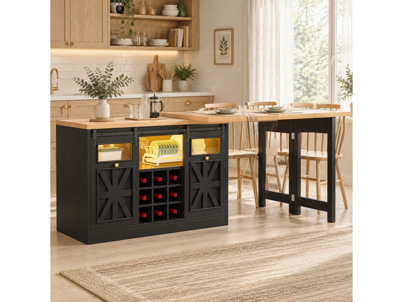  Buffet de cuisine avec table extensible, 2 plateaux pivotants à 360° et éclairage led, 120-197×40×72 cm noir  - Conforama B