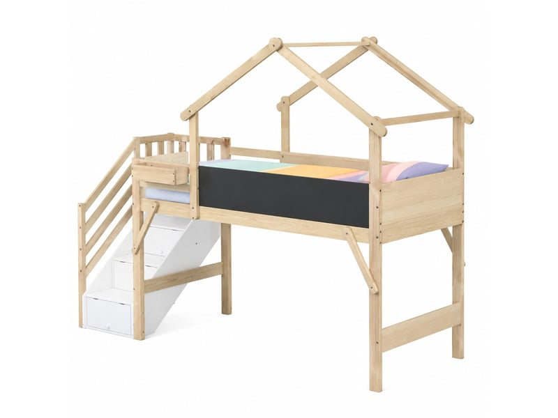  Lit superposé enfant 90x200 cm avec toit, échelle à rangements et tableau à craie  - Conforama A