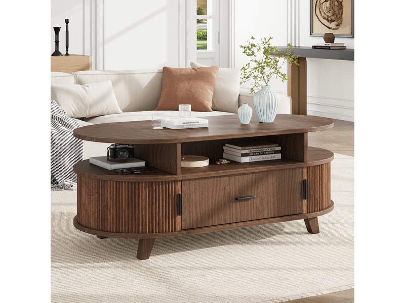  Table basse ovale couleur noyer, 1 tiroir, 2 portes à rideau, rangements ouverts et fermés, 100 x 50 x 40 cm  - Conforama B