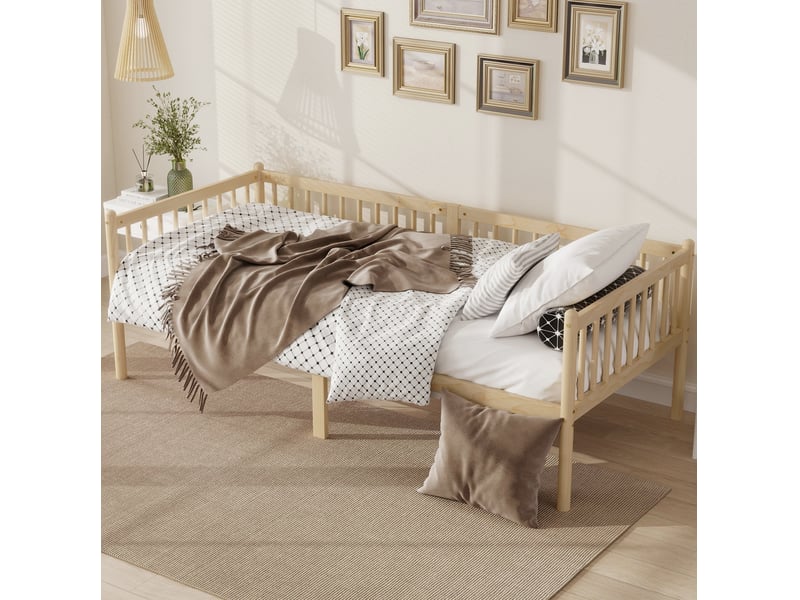  Lit simple 90x200 cm avec barrières sur 3 côtés en pin coloris naturel  - Conforama D