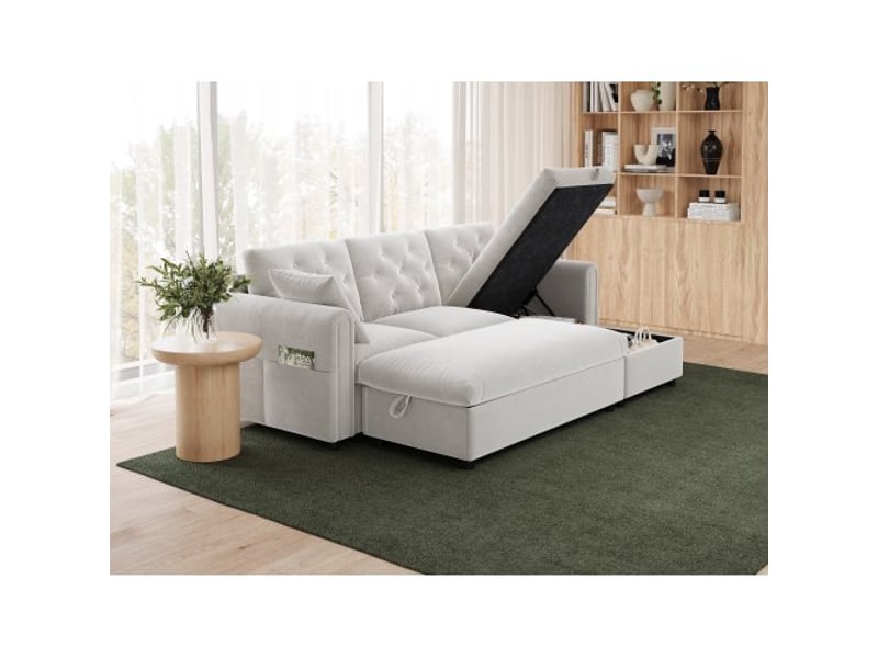 Canapé velours beige 2-en-1: chaise-longue + ottoman rangement réversible, accoudoirs avec poches, capitonné - Conforama E