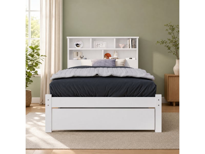  Lit avec tiroirs une place en bois massif, avec tête de lit à 6 compartiments et rangement, 90×200 cm, sans matelas  - Conforama B