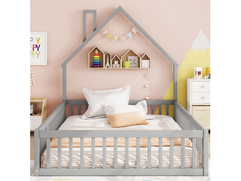  Lit enfant 140x190 cm avec sommier à lattes et barrières gris  - Conforama D