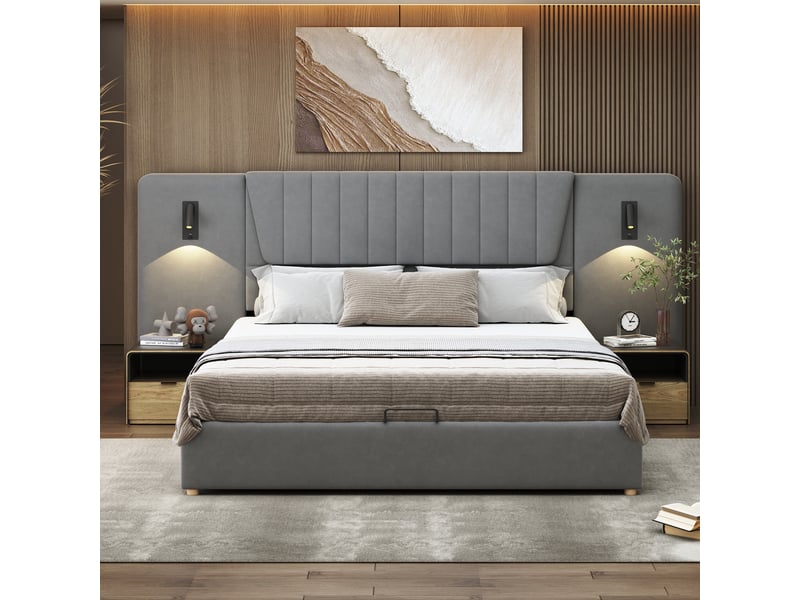  Lit coffre 180x200 cm velours gris avec tête haute, éclairage orientable et port usb, sans matelas  - Conforama D