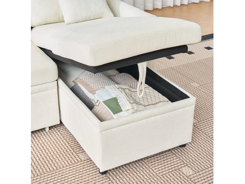  Canapé d’angle en u modenvie convertible avec coffres de rangement, 266 x 130 x 85 cm, chenille beige  - Conforama E