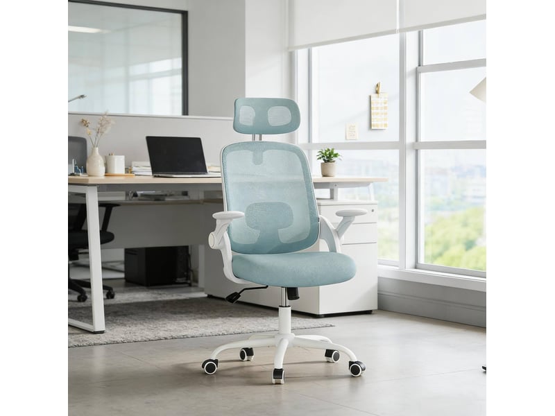 Chaise de bureau ergonomique 63,5 x 47 cm – bleue – appui-tête réglable, accoudoirs 3d et bascule - Conforama B