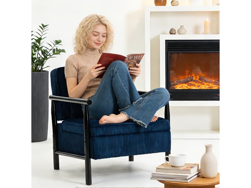  Fauteuil de salon moderne 80x61x72cm - coffre de rangement intégré, coussin lombaire amovible et structure en bois massif - velours côtelé - bleu  - Conforama E