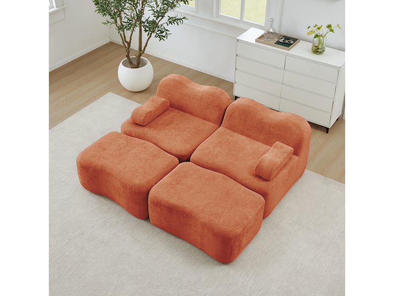 Canapé modulable 2 places orange en velours avec 2 poufs, confort en mousse haute densité pour salon - Conforama E