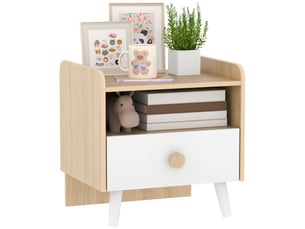 Table de chevet pour enfants (dès 3 ans) avec tiroir et bords arrondis, coloris chêne et blanc