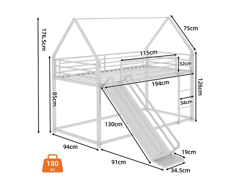  Lit superposé enfant 90 × 190 cm 2 places avec toboggan, escalier et barrières, sans matelas, en métal blanc  - Conforama D