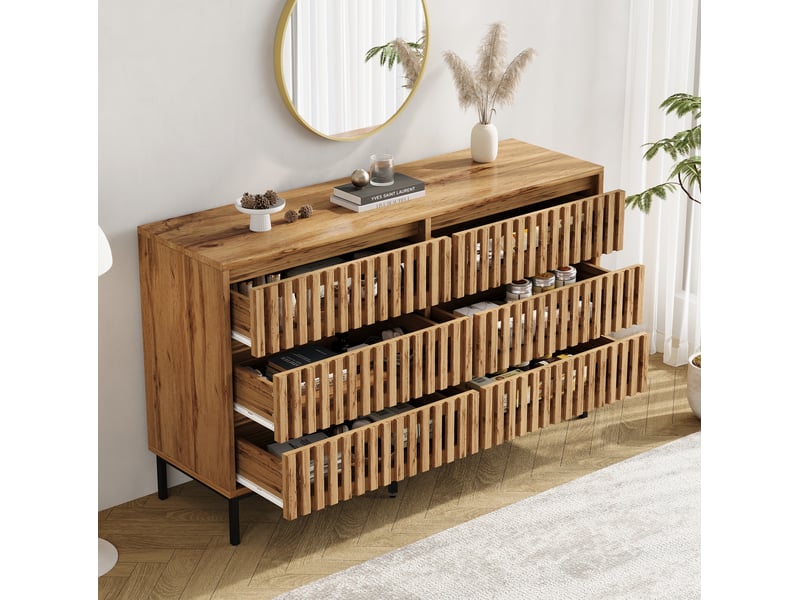  Buffet et enfilade avec 6 tiroirs, piètement à 5 pieds, rangement pour salle à manger mdf naturel 120 × 40 × 81 cm  - Conforama E