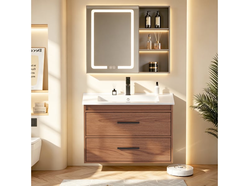  Meuble de salle de bain 75 x 46 x 52 cm, grand espace de rangement avec 2 tiroirs, mdf, marron  - Conforama B
