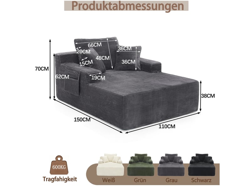  Canapé convertible 1 place avec dossier et accoudoirs, canapé convertible d’appoint capitonné 150x110x70 cm, sans montage, velours côtelé pour salon chambre, gris  - Conforama C
