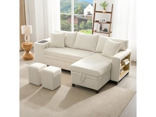 Canapé d'angle convertible 3 places 231 x 131,5 x 84 cm, couchage, rangement, usb et usb-c, velours côtelé beige