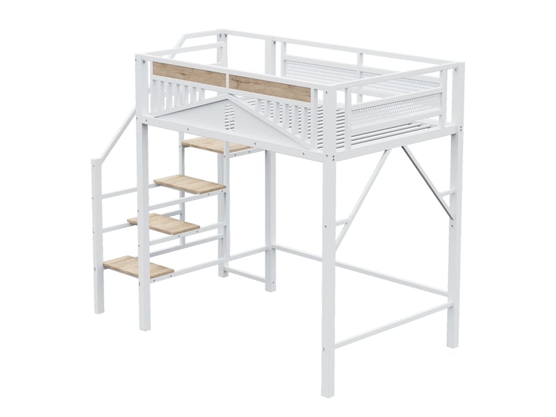 Lit mezzanine 140x200 cm - lit en métal avec échelle sécurisée et rangements - barrière de sécurité design fenêtre - blanc - Conforama W
