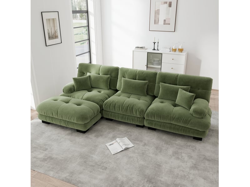 Canapé d'angle ulevr modulable 3 places avec ottoman mobile, chenille vert, 313 x 145 x 81 cm  - Conforama D