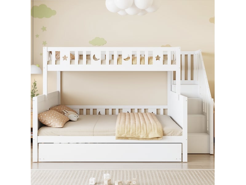  Lit superposé enfant 90x200 cm et 140x200 cm avec escalier de sécurité et lit gigogne mdf bois blanc sans matelas  - Conforama B