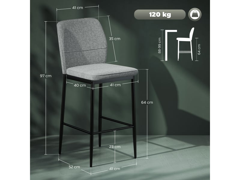  Lot de 2 tabourets de bar modernes en velours avec repose-pieds et dossier, 41 x 52 x 97 cm, gris  - Conforama E