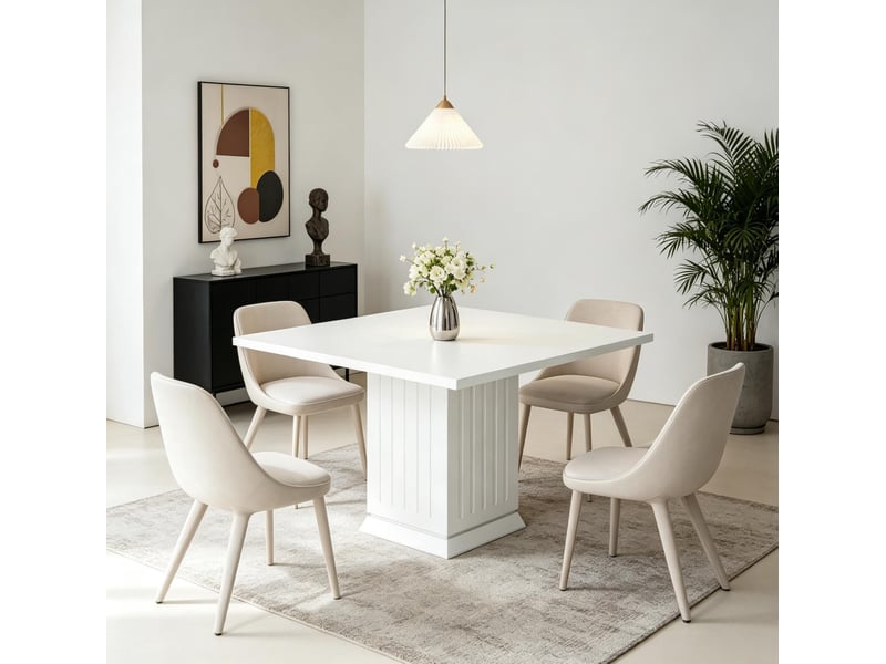  Table de salle à manger carrée pour 4 personnes avec plateau en panneau de particules, blanche, 90 × 90 × 75 cm  - Conforama A