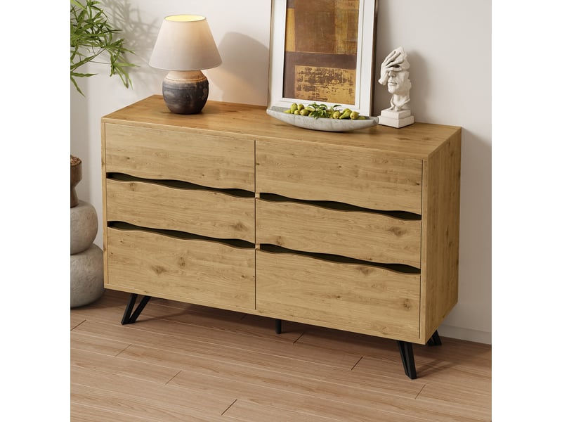 Buffet de rangement 120x40x75,5 cm, 6 tiroirs, façades ondulées, pieds métal, pour salon et salle à manger - aspect bois - Conforama B