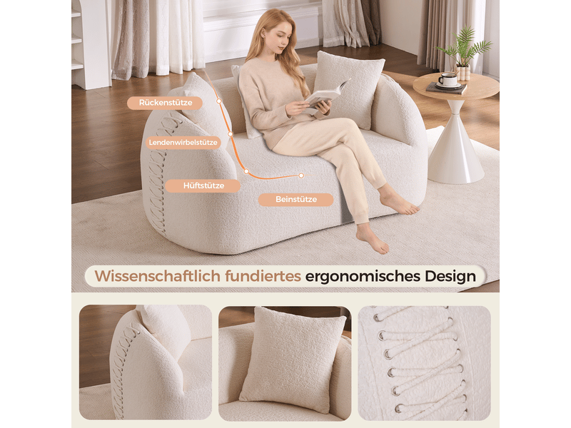  Canapé 2 places design courbé, tissu chenille structuré, accoudoirs avec détails lacets, 2 coussins inclus, blanc crème OMNIGLINT TRADING LTD - Conforama E