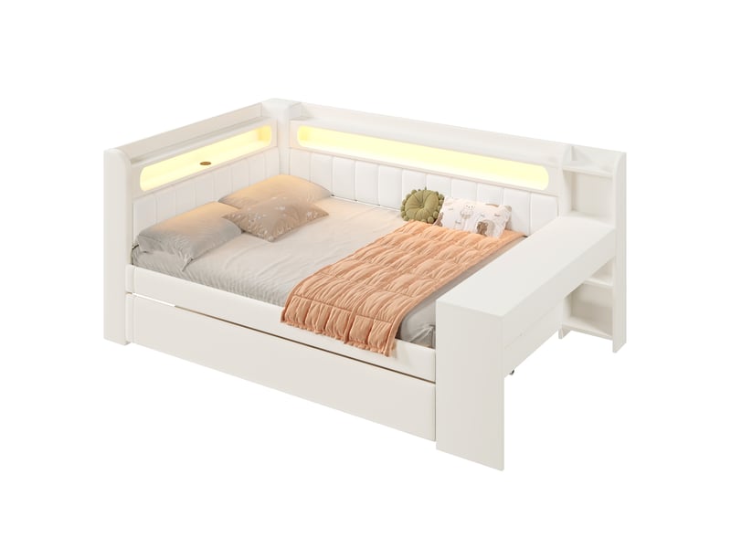  Lit banquette gigogne rembourré 140x200 cm, couchage 90x190 cm, bureau et étagères intégrés, led 7 couleurs, usb, tissu en lin blanc Radiant Stride - Conforama A