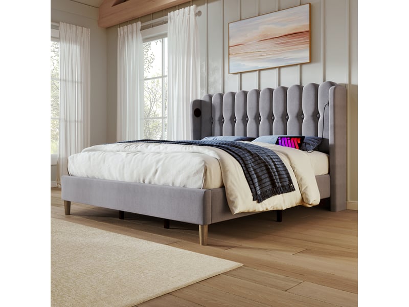  Lit rembourré 160 × 200 cm 2 places avec usb, type-c et tête de lit matelassée, matelas inclus, gris  - Conforama C
