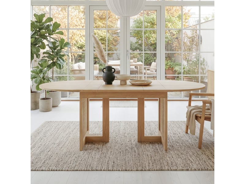  Table à manger extensible 160200 x 90 cm coins arrondis, plateau épais, 6 à 8 personnes, pieds avec détails en rotin chêne Sol Morn - Conforama D