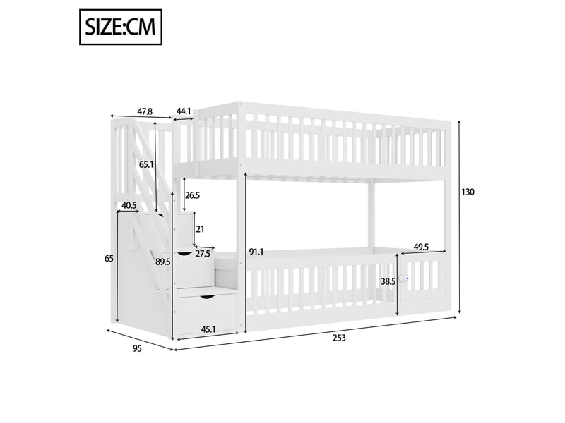  Modenvie lit superposé enfant 90x200 cm - avec escalier à tiroirs, sans matelas - blanc  - Conforama C
