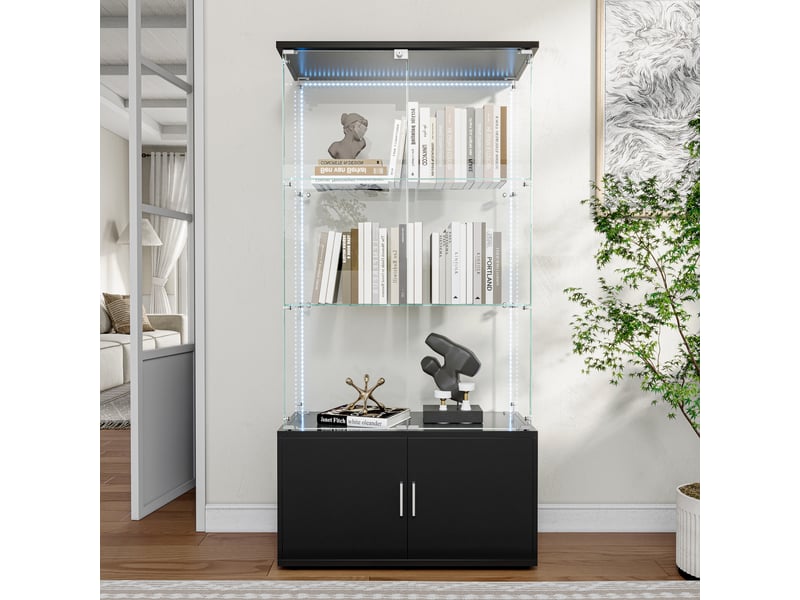  Vitrine en verre 3 niveaux avec meuble de rangement inférieur et ruban led - 78,51 x 35 x 164 cm - noir - armoire d'exposition - ruban led  - Conforama D