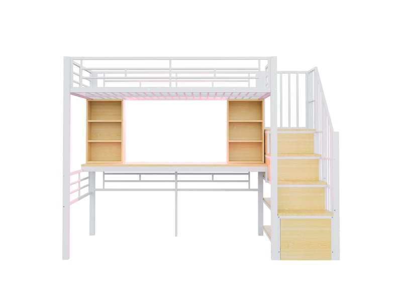  Lit mezzanine métal blanc 90x200 cm, bureau, rangement, escalier réversible, prise et led  - Conforama A