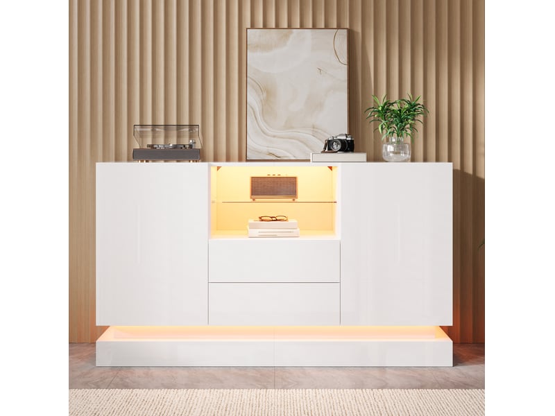 Buffet 140x40x80 cm avec éclairage led contrôlable par application en panneau de particules blanc - Conforama D