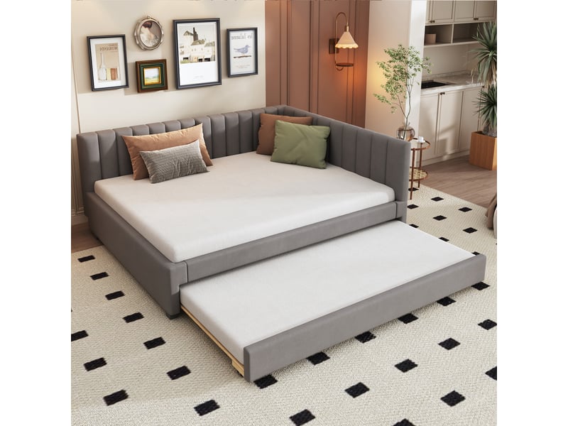 Canapé-lit capitonné 140*200 cm avec lit gigogne escamotable, velours gris, design convertible, sans matelas  - Conforama E