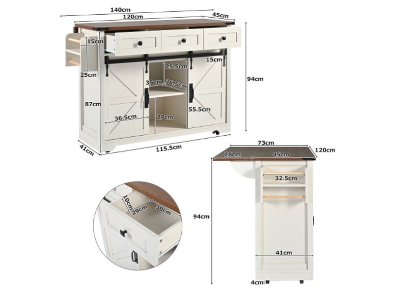  Desserte roulante extensible,chariot de cuisine avec grain de bois,2 portes coulissantes,3 tiroirs et 5 roues(2 roues verrouillables),beige desserte beige - Conforama C
